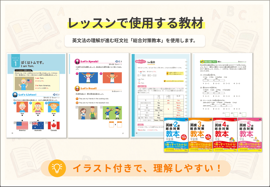 使用教材：英文法の理解が進む旺文社「総合対策教本」。イラスト付きで理解しやすい。